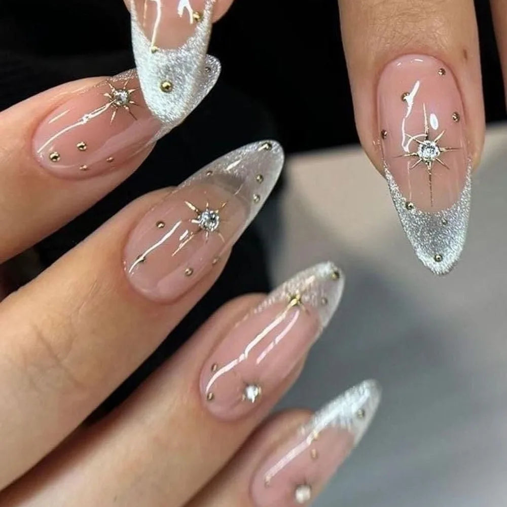 24Pcs Almond Pure Handmade Press On Nails Full Cover Butterfly French Pearl Diamond False Nails Wearable Manicure Nail Tips Art