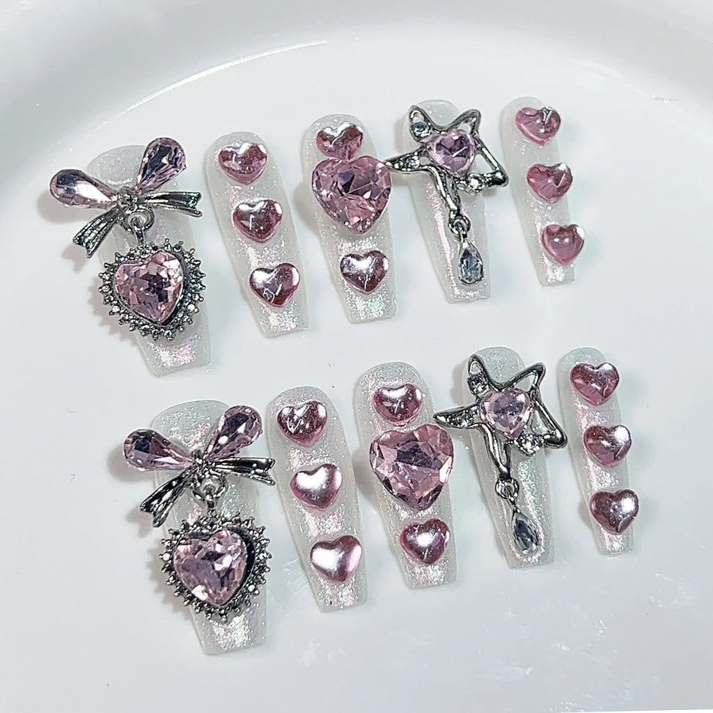 10pcs Long Square Handmade False Nails with Colorful Diamond Design Press on Nails Glitter Full Cover Nail  Finished Fake Nails
