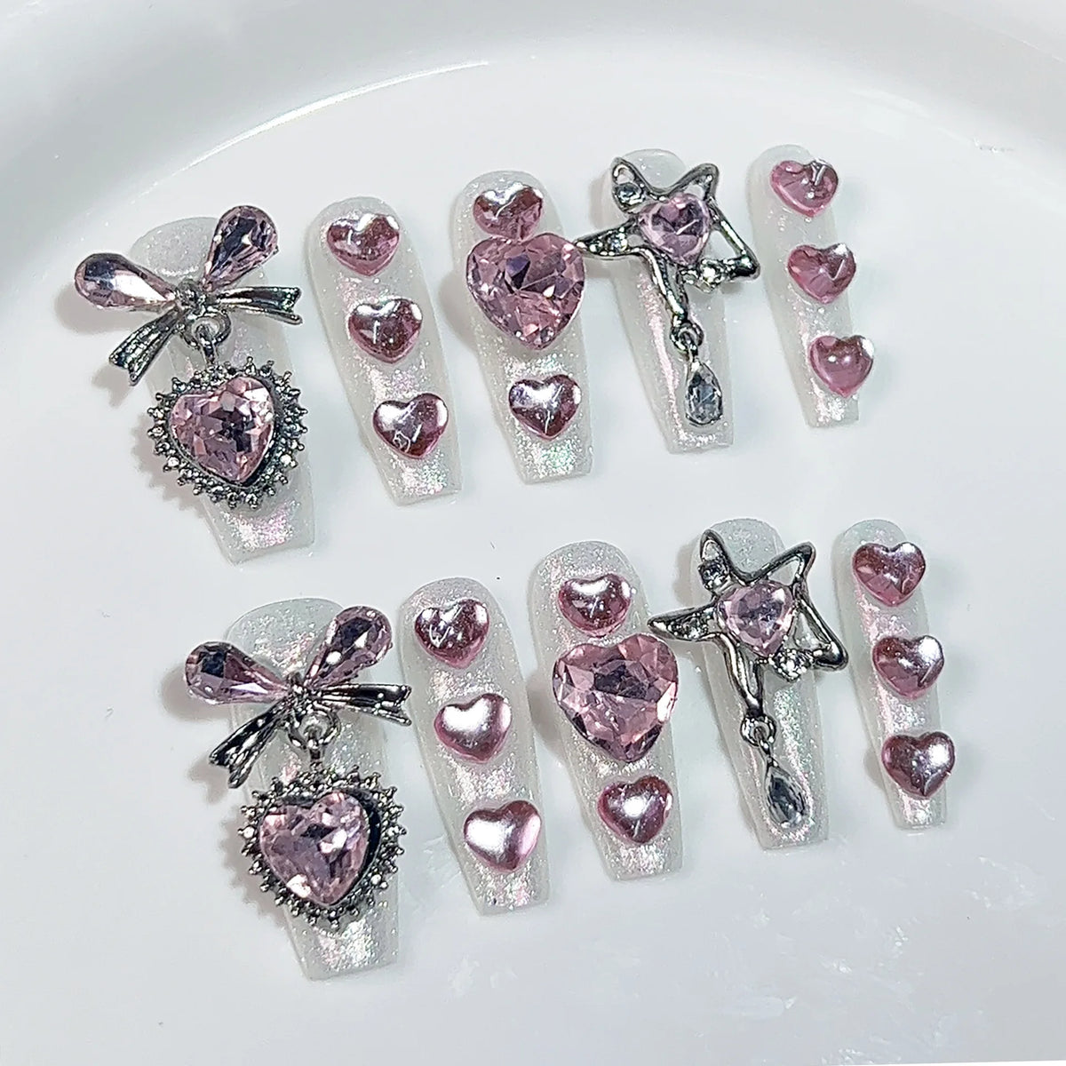 10pcs Long Square Handmade False Nails with Colorful Diamond Design Press on Nails Glitter Full Cover Nail  Finished Fake Nails