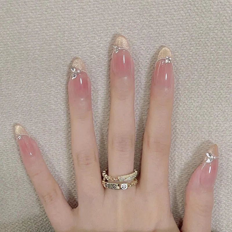24Pcs Almond Pure Handmade Press On Nails Full Cover Butterfly French Pearl Diamond False Nails Wearable Manicure Nail Tips Art