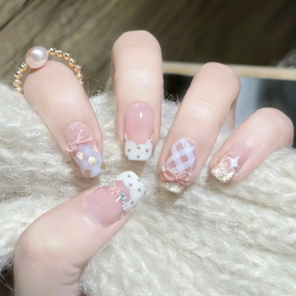 10PCS Handmade French Nude White False Nails with 3D Floral Design Elegant Glossy Matte Press on Nails for Wedding Party