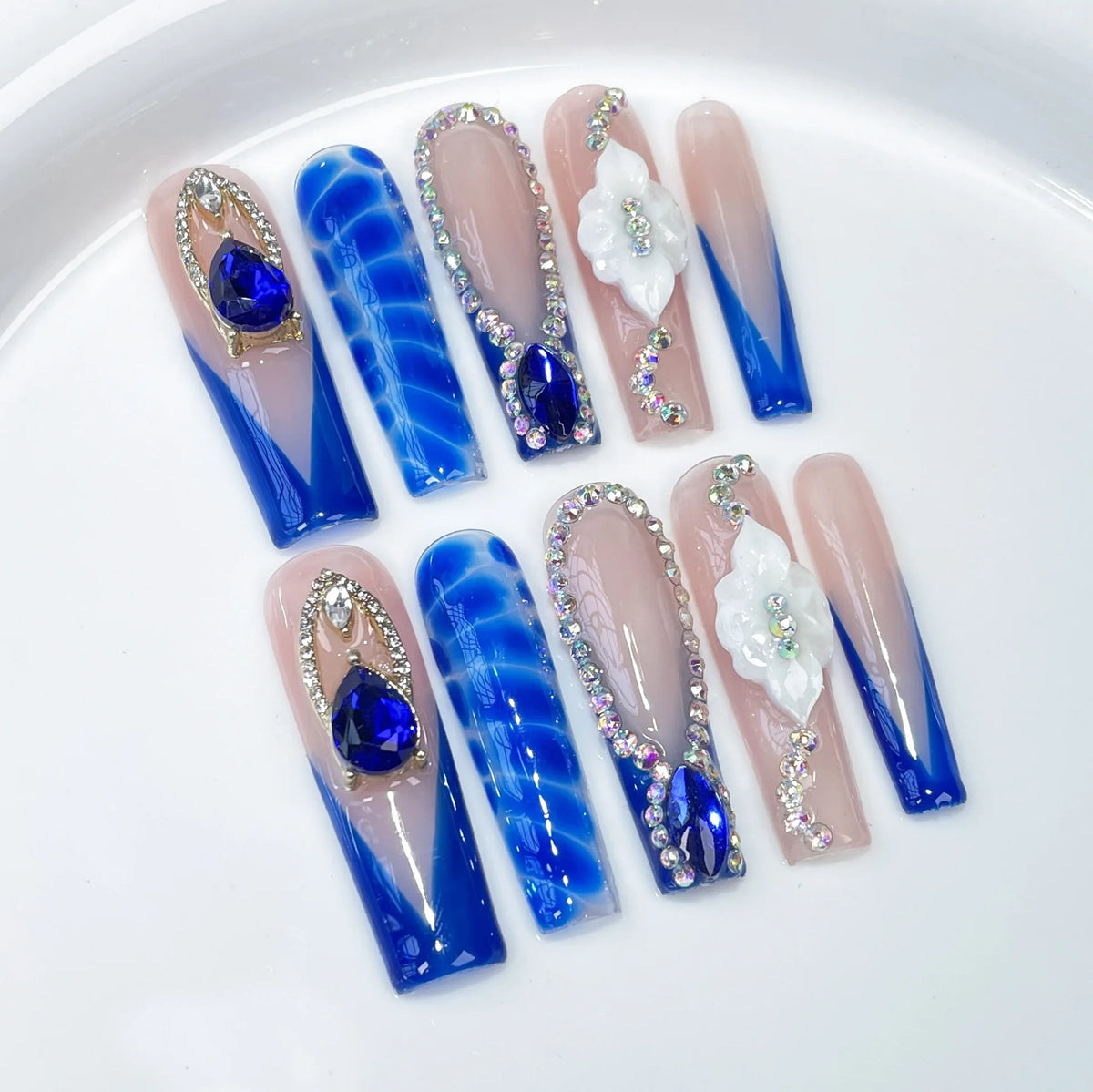 10pcs Long Square Handmade False Nails with Colorful Diamond Design Press on Nails Glitter Full Cover Nail  Finished Fake Nails