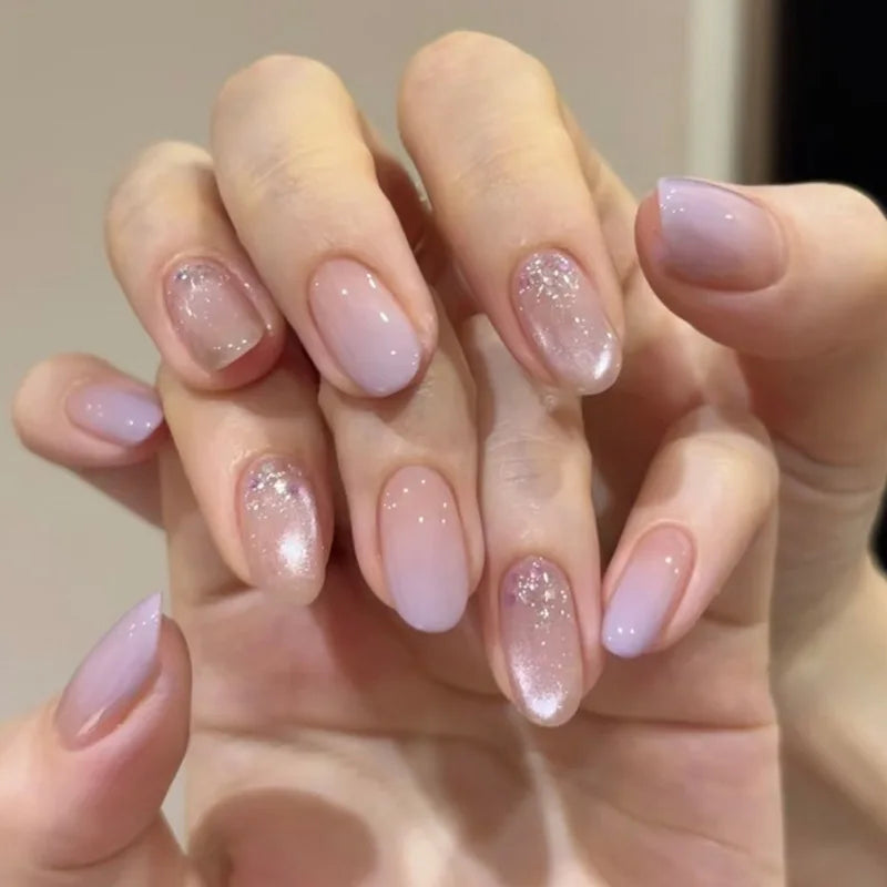 24Pcs Almond Pure Handmade Press On Nails Full Cover Butterfly French Pearl Diamond False Nails Wearable Manicure Nail Tips Art