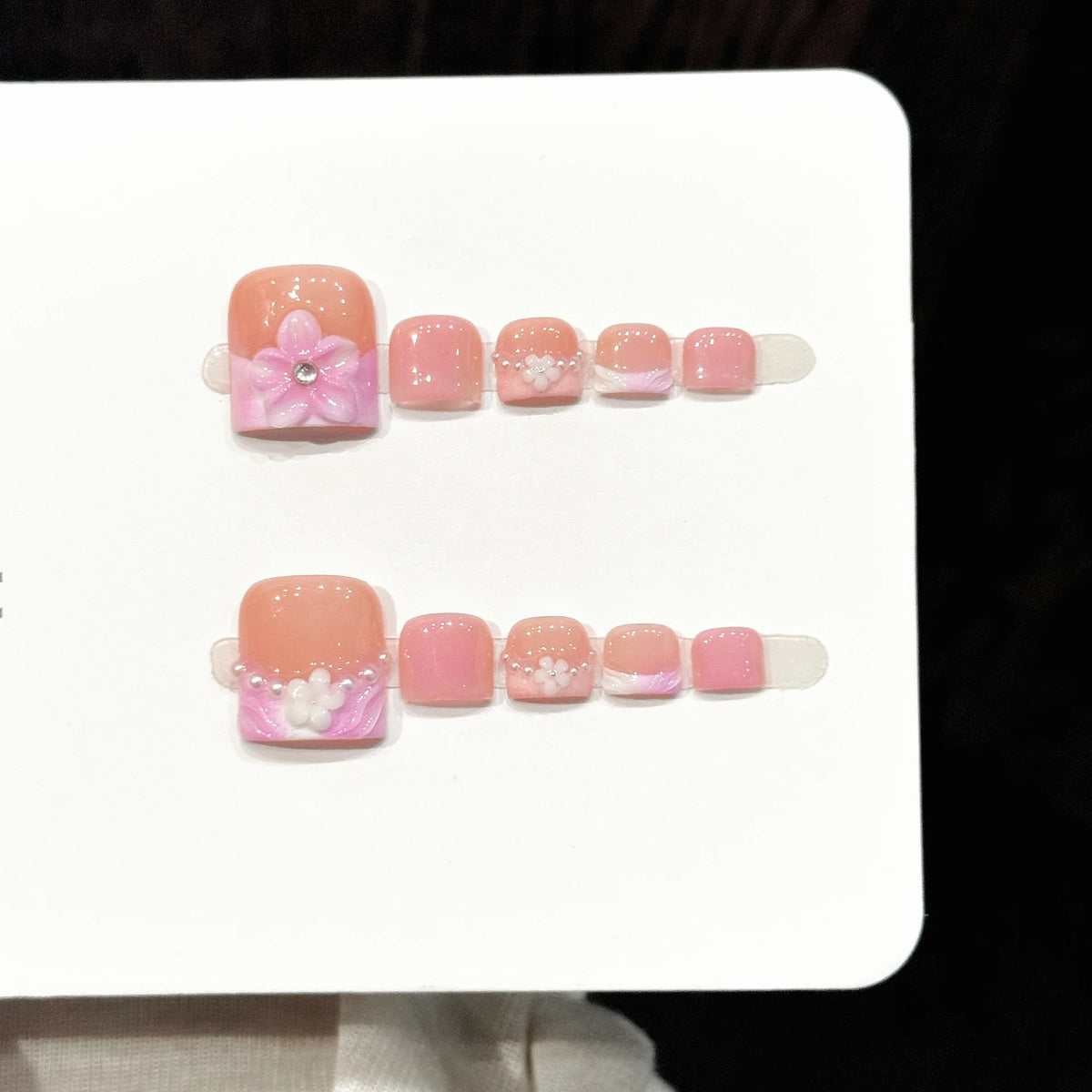 10pcs Handmade Pressed Foot Nails Art, Nice Fake Toenails, Pink Flowers Blooming Gently And Luxuriously, Perfect For Women