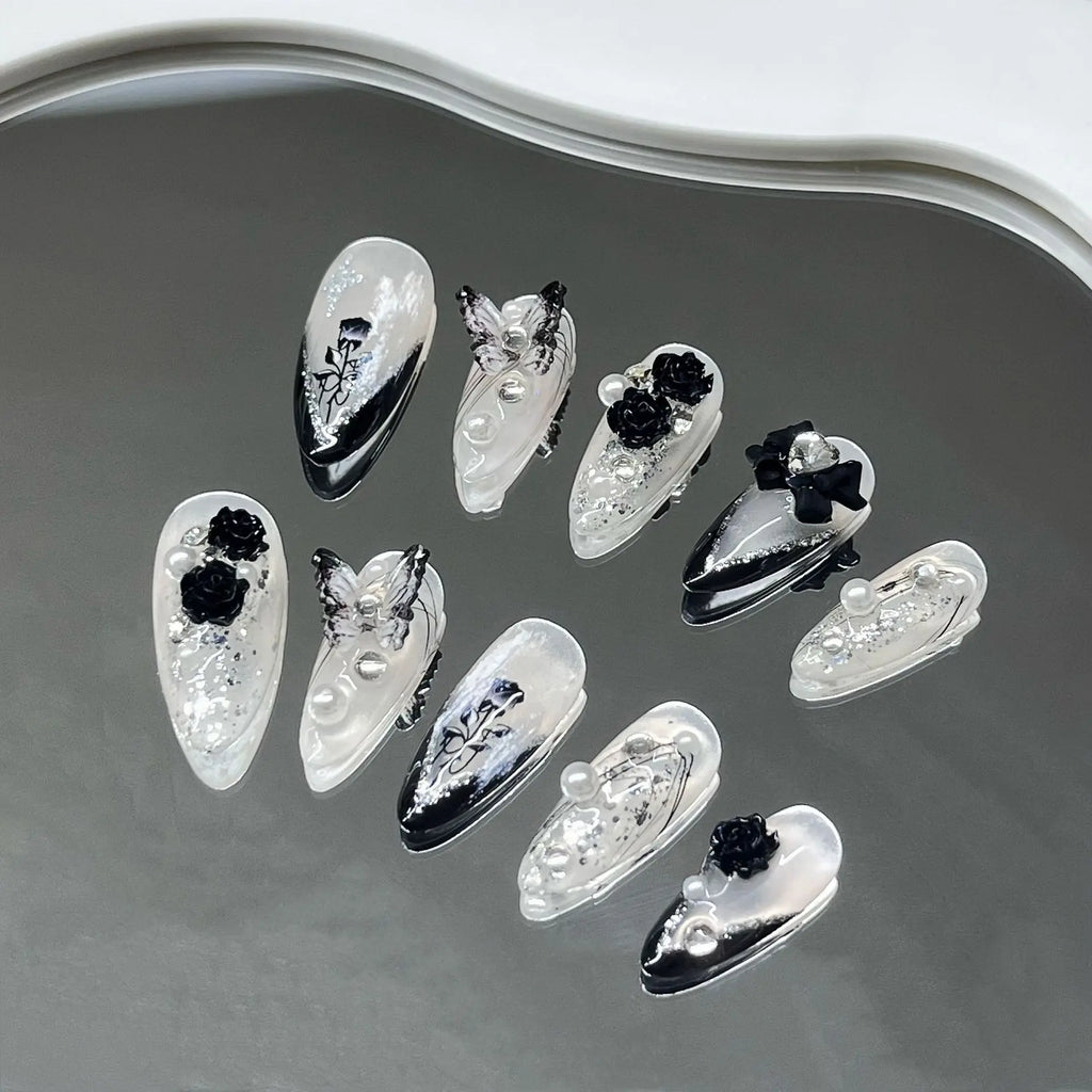 Handmade Press on Nails 3D Black Rose Flower Fake Nails Ins Almond False Nails Patches Ballerina Nail Art Decorations Tips