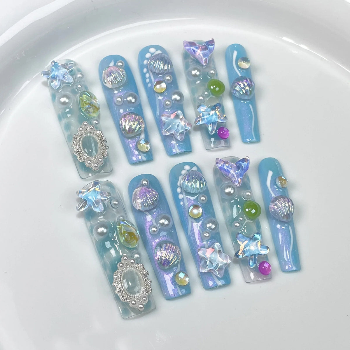 10pcs Long Square Handmade False Nails with Colorful Diamond Design Press on Nails Glitter Full Cover Nail  Finished Fake Nails