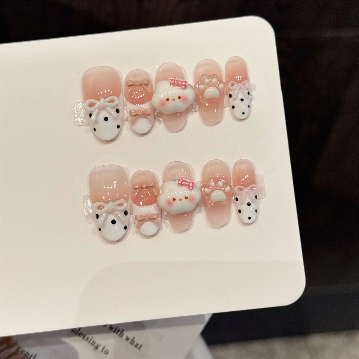 Handmade Press on Nails with Cute Bear Paw Design Light Blue Fake Nails Full Cover Wearable Sweet Korean Almond False Nail Tips