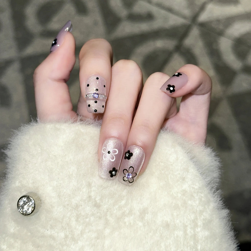 10PCS Handmade French Nude White False Nails with 3D Floral Design Elegant Glossy Matte Press on Nails for Wedding Party