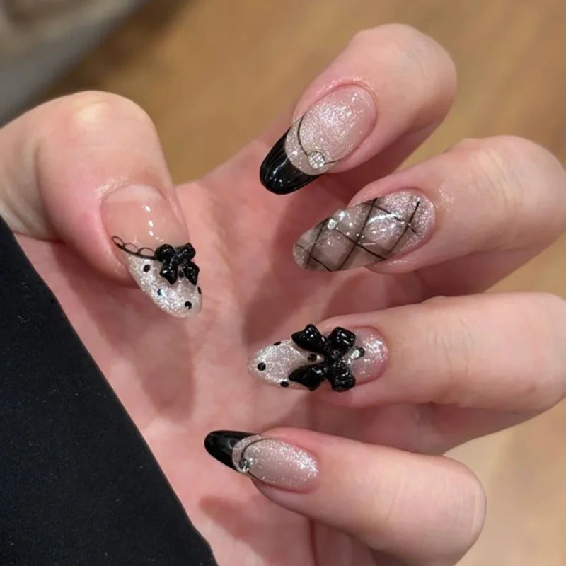24Pcs Almond Pure Handmade Press On Nails Full Cover Butterfly French Pearl Diamond False Nails Wearable Manicure Nail Tips Art