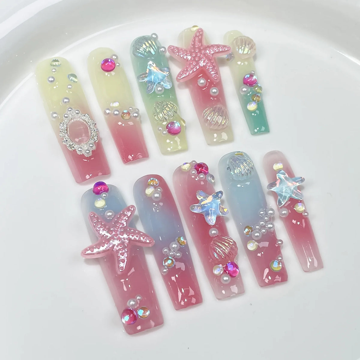10pcs Long Square Handmade False Nails with Colorful Diamond Design Press on Nails Glitter Full Cover Nail  Finished Fake Nails