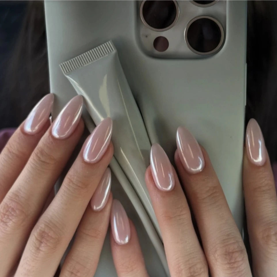 24Pcs Almond Pure Handmade Press On Nails Full Cover Butterfly French Pearl Diamond False Nails Wearable Manicure Nail Tips Art