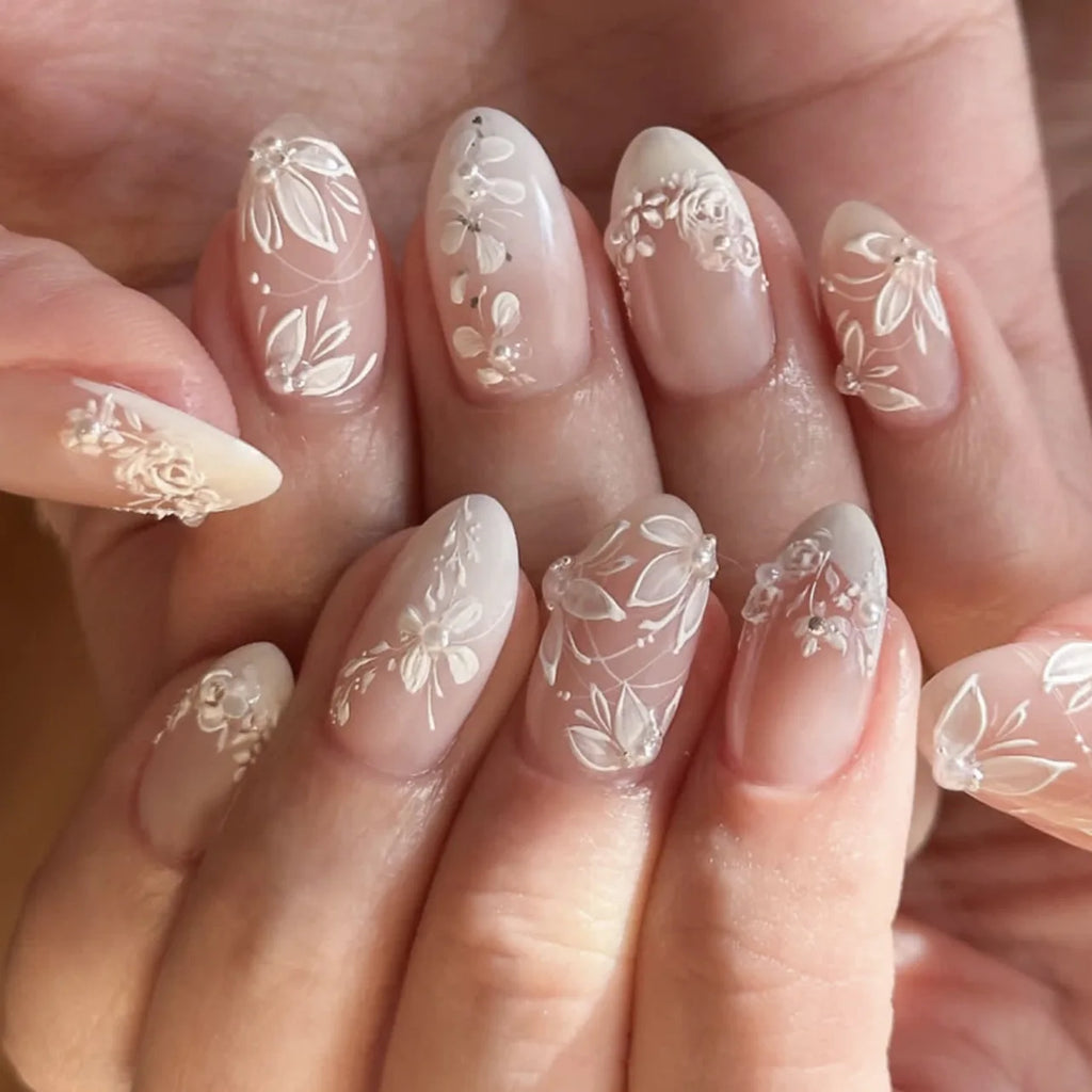 24Pcs Almond Pure Handmade Press On Nails Full Cover Butterfly French Pearl Diamond False Nails Wearable Manicure Nail Tips Art