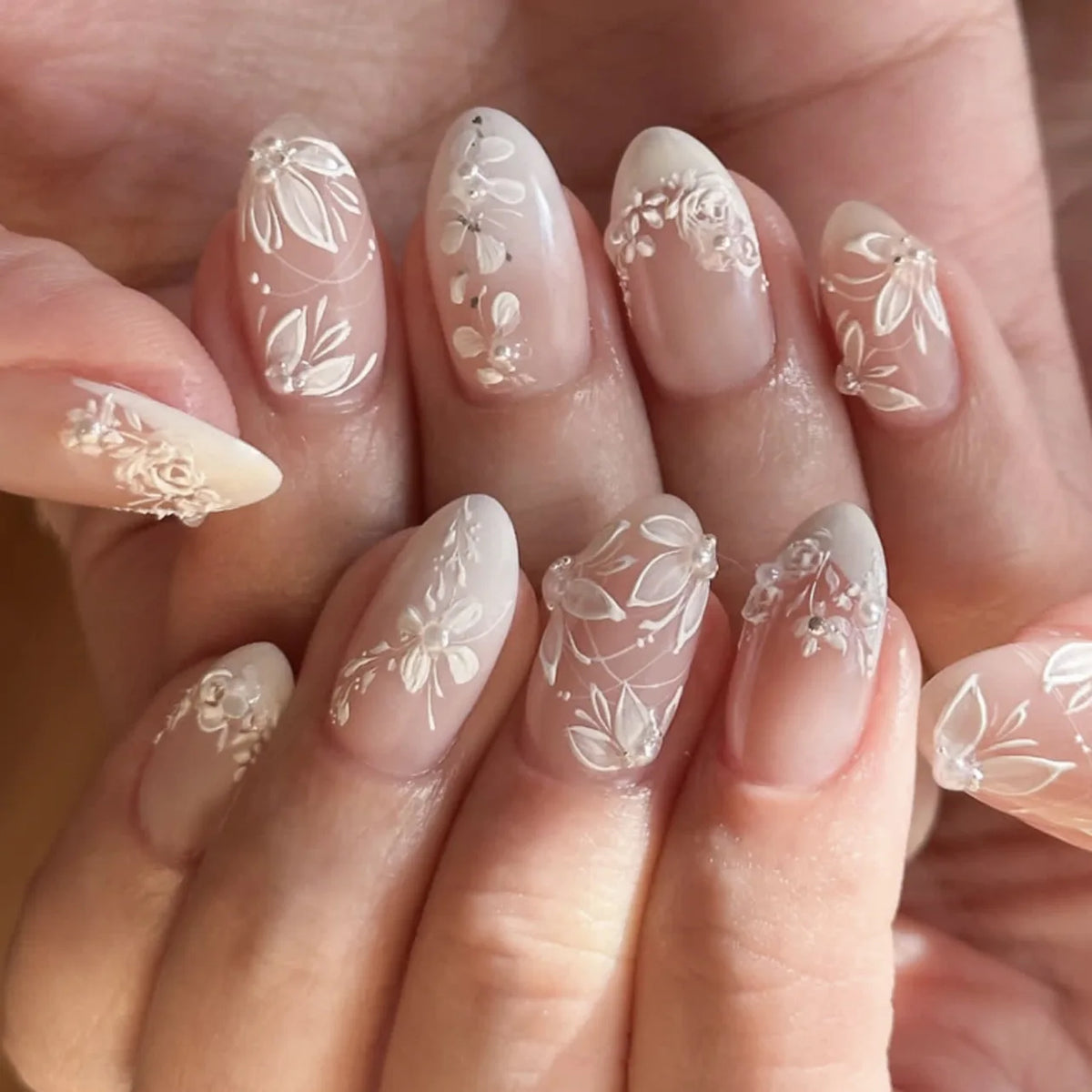 24Pcs Almond Pure Handmade Press On Nails Full Cover Butterfly French Pearl Diamond False Nails Wearable Manicure Nail Tips Art