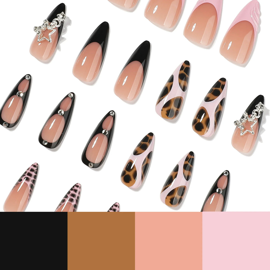 Wearable Tortoiseshell Manicure Nail Tips, Long Pointed Almond-Shaped Wearable Nail Tips, Fake Nails