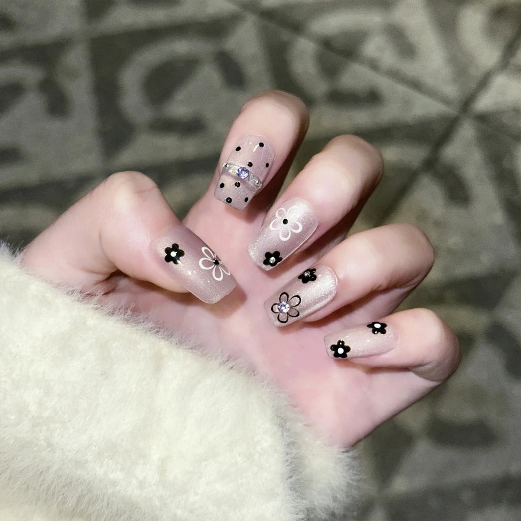10PCS Handmade French Nude White False Nails with 3D Floral Design Elegant Glossy Matte Press on Nails for Wedding Party