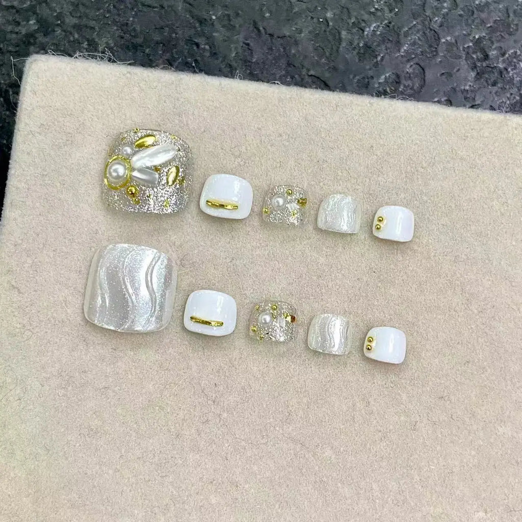 10pcs Handmade Pressed Foot Nails Art, Nice Fake Toenails, Pink Flowers Blooming Gently And Luxuriously, Perfect For Women