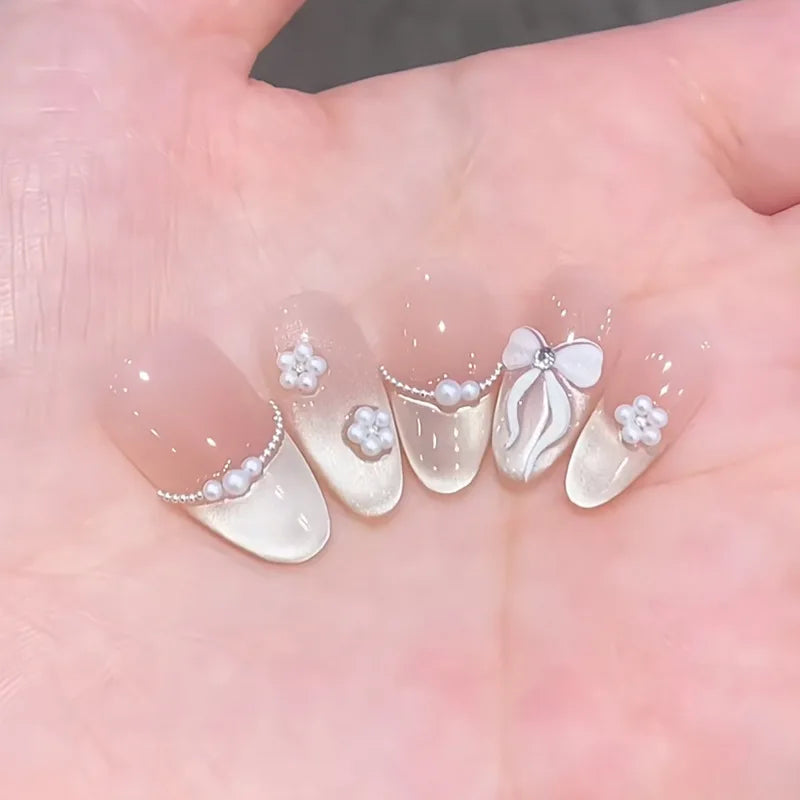 24Pcs Almond Pure Handmade Press On Nails Full Cover Butterfly French Pearl Diamond False Nails Wearable Manicure Nail Tips Art