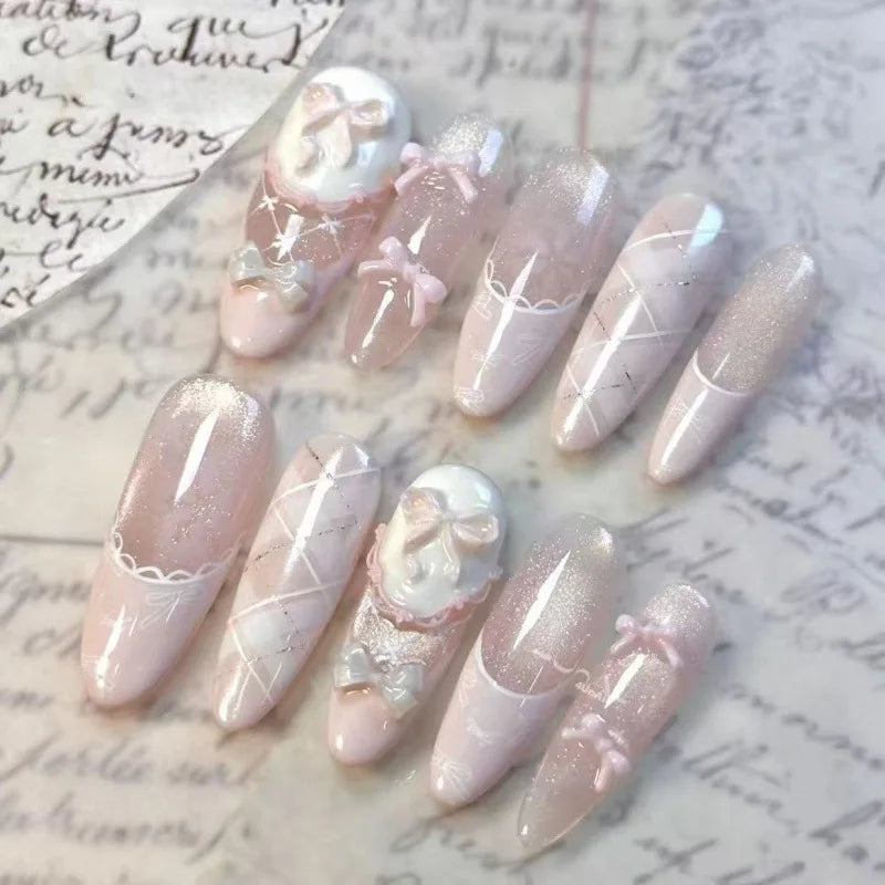 10pcs Handmade Fake Nails Tips Light Luxury Blush Long Almond Press on Nails Diamond Bow Design False Nail Shiny Powder Manicure