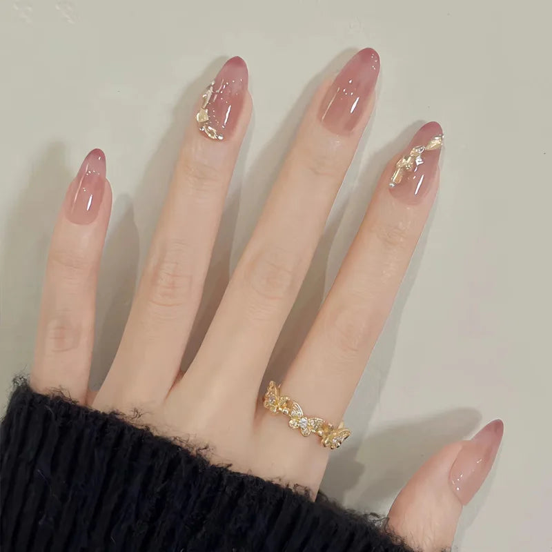 24Pcs Almond Pure Handmade Press On Nails Full Cover Butterfly French Pearl Diamond False Nails Wearable Manicure Nail Tips Art