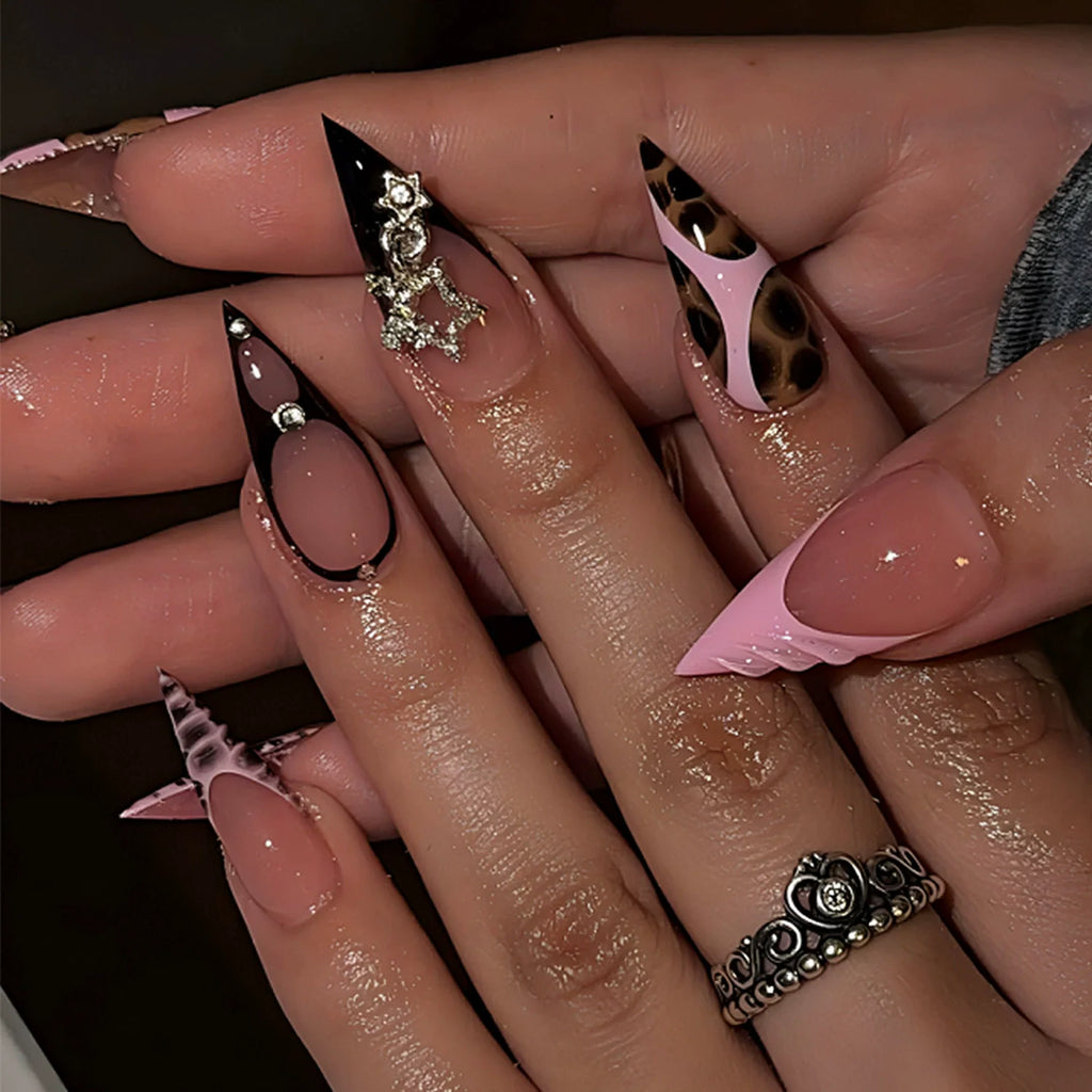 Wearable Tortoiseshell Manicure Nail Tips, Long Pointed Almond-Shaped Wearable Nail Tips, Fake Nails