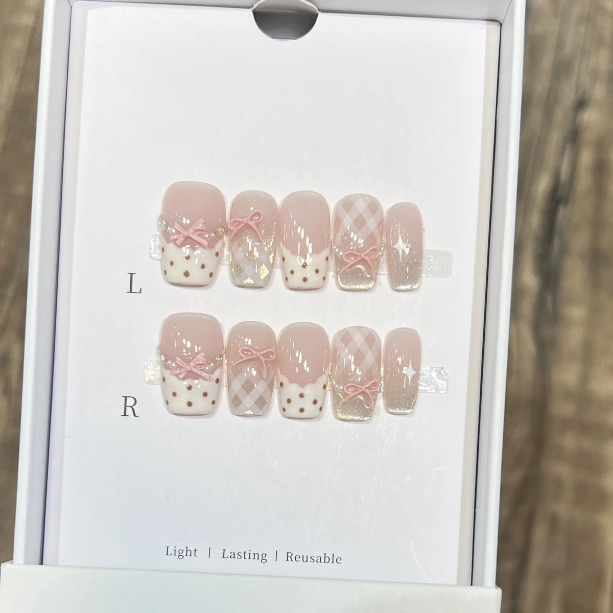 10PCS Handmade French Nude White False Nails with 3D Floral Design Elegant Glossy Matte Press on Nails for Wedding Party