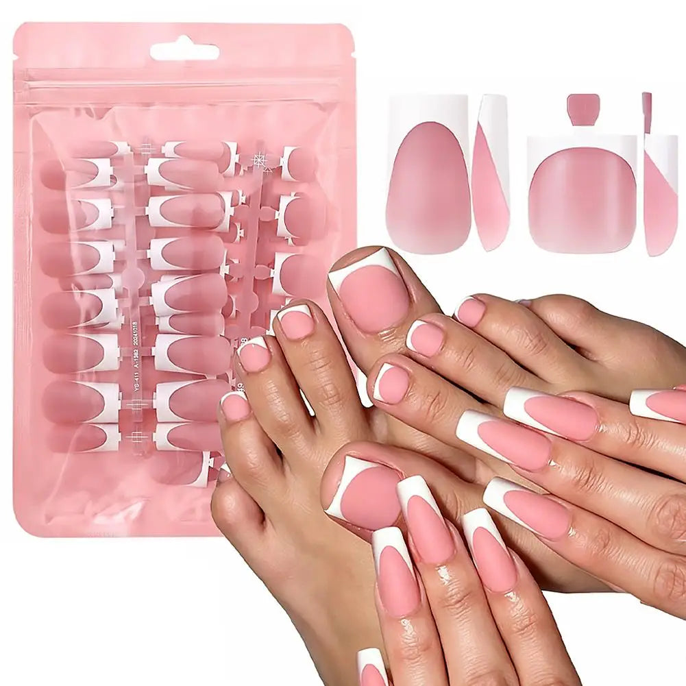 NEW Matte Press on Nails French Tip Medium False Nails Set Full Cover Fake Nails Wearable Nails Art Tips DIY Manicure