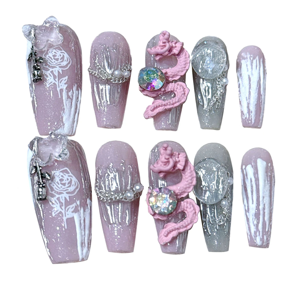 Handmade Press on Nails 3D Black Rose Flower Fake Nails Ins Almond False Nails Patches Ballerina Nail Art Decorations Tips