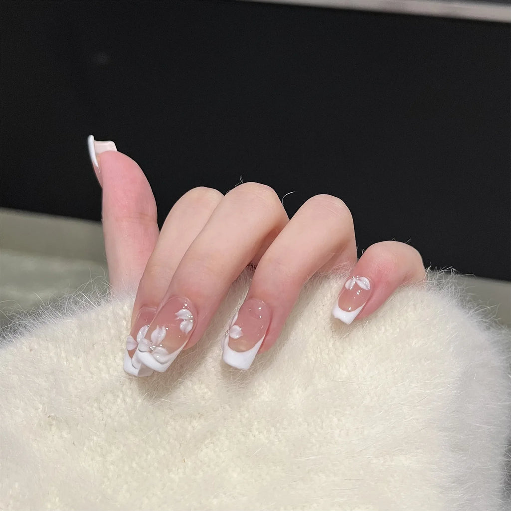 10PCS Handmade French Nude White False Nails with 3D Floral Design Elegant Glossy Matte Press on Nails for Wedding Party