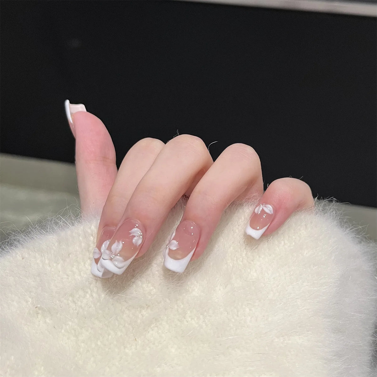 10PCS Handmade French Nude White False Nails with 3D Floral Design Elegant Glossy Matte Press on Nails for Wedding Party