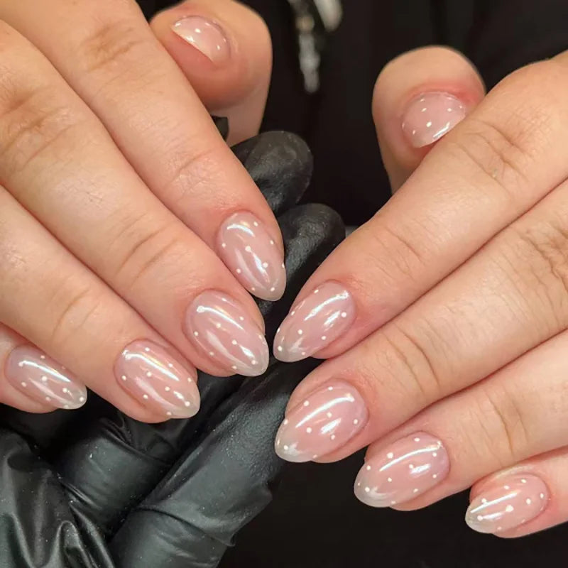 24Pcs Almond Pure Handmade Press On Nails Full Cover Butterfly French Pearl Diamond False Nails Wearable Manicure Nail Tips Art