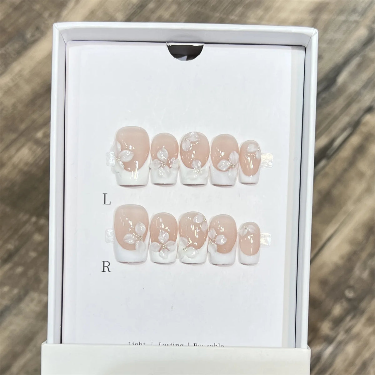 10PCS Handmade French Nude White False Nails with 3D Floral Design Elegant Glossy Matte Press on Nails for Wedding Party