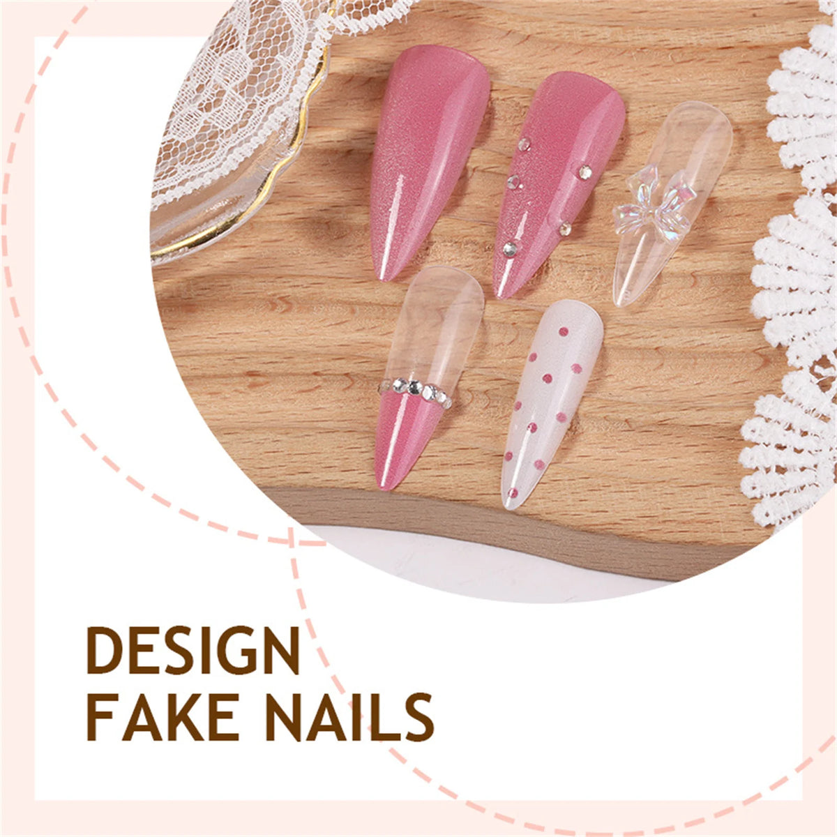 24PCS False Nails Long Pointed False Nails French Tip Pink Manicure Nail Tips Women Daily Wear Wearable False Nails Woman