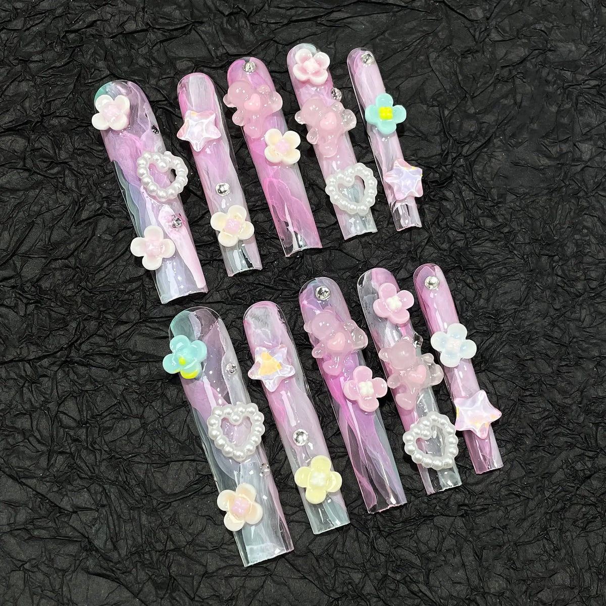 10pcs Long Square Handmade False Nails with Colorful Diamond Design Press on Nails Glitter Full Cover Nail  Finished Fake Nails
