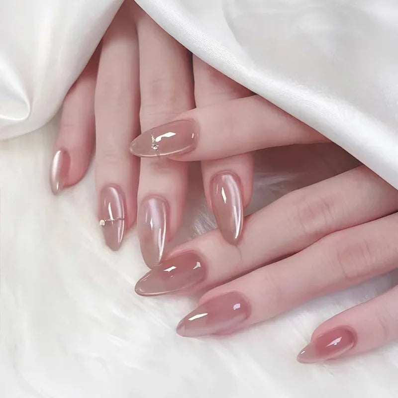24Pcs Almond Pure Handmade Press On Nails Full Cover Butterfly French Pearl Diamond False Nails Wearable Manicure Nail Tips Art