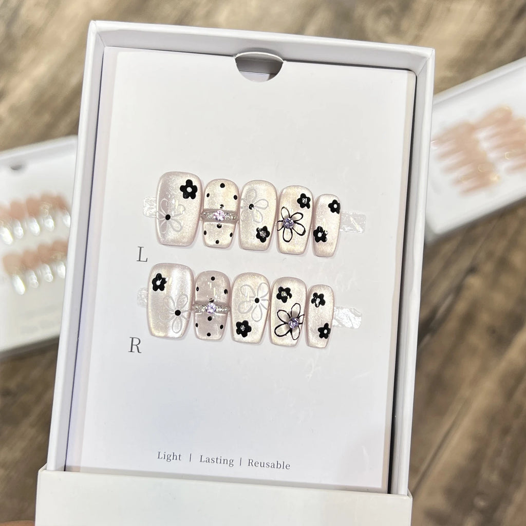 10PCS Handmade French Nude White False Nails with 3D Floral Design Elegant Glossy Matte Press on Nails for Wedding Party