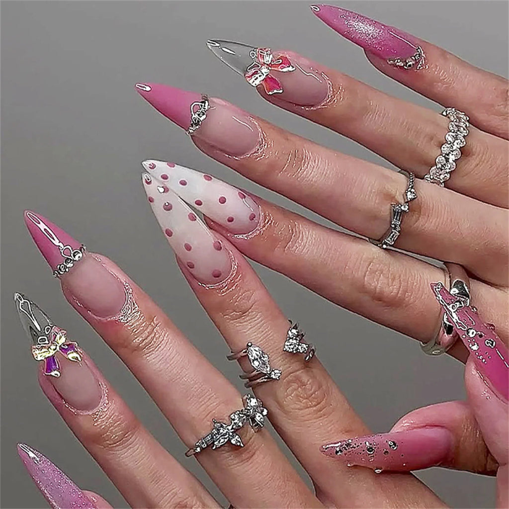 24PCS False Nails Long Pointed False Nails French Tip Pink Manicure Nail Tips Women Daily Wear Wearable False Nails Woman