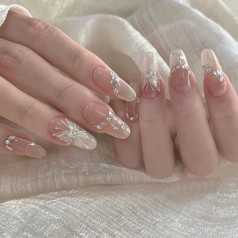 24Pcs Almond Pure Handmade Press On Nails Full Cover Butterfly French Pearl Diamond False Nails Wearable Manicure Nail Tips Art