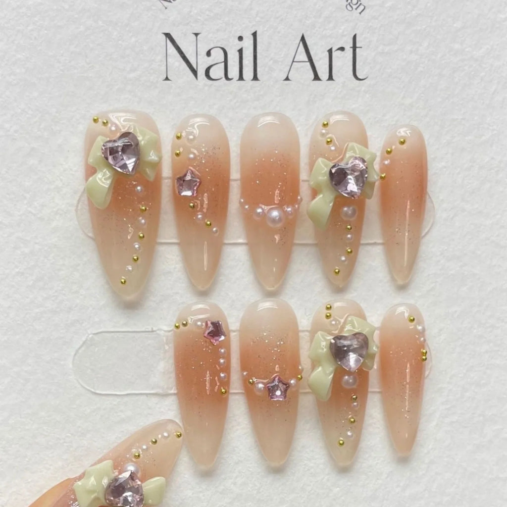 10pcs Handmade Fake Nails Tips Light Luxury Blush Long Almond Press on Nails Diamond Bow Design False Nail Shiny Powder Manicure