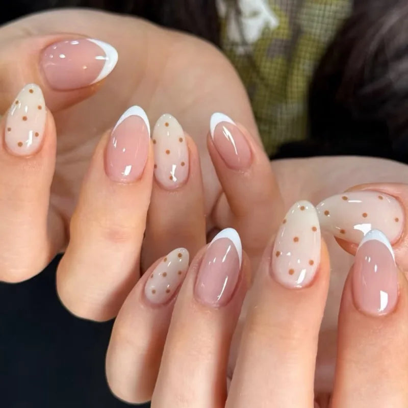 24Pcs Almond Pure Handmade Press On Nails Full Cover Butterfly French Pearl Diamond False Nails Wearable Manicure Nail Tips Art