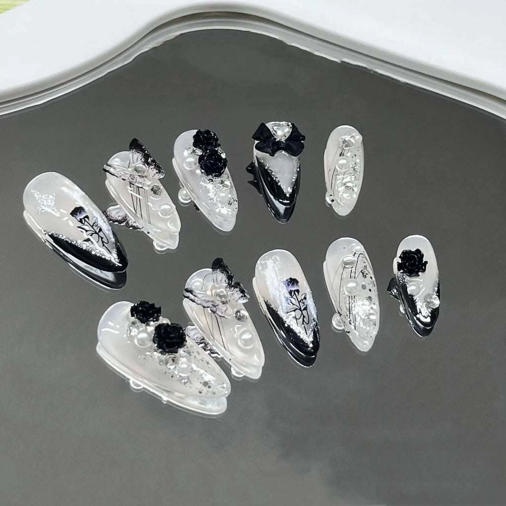 Handmade Press on Nails 3D Black Rose Flower Fake Nails Ins Almond False Nails Patches Ballerina Nail Art Decorations Tips