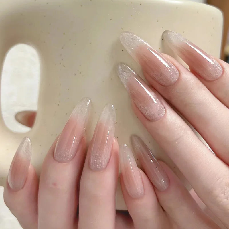 24Pcs Almond Pure Handmade Press On Nails Full Cover Butterfly French Pearl Diamond False Nails Wearable Manicure Nail Tips Art