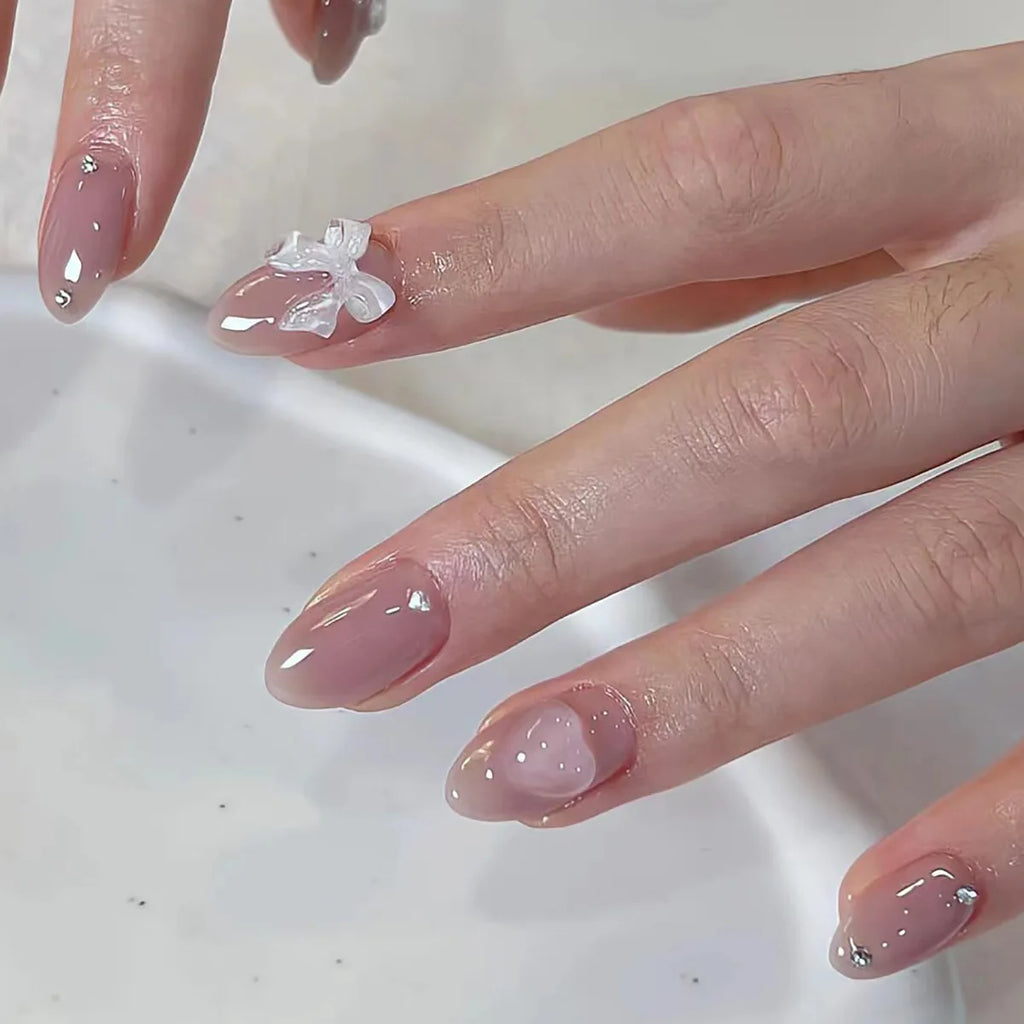 24Pcs Almond Pure Handmade Press On Nails Full Cover Butterfly French Pearl Diamond False Nails Wearable Manicure Nail Tips Art