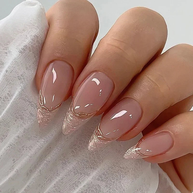 24Pcs Almond Pure Handmade Press On Nails Full Cover Butterfly French Pearl Diamond False Nails Wearable Manicure Nail Tips Art