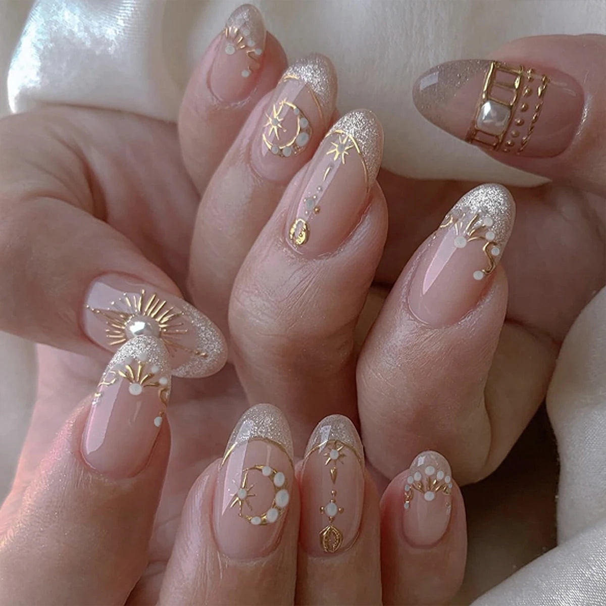 24Pcs Almond Pure Handmade Press On Nails Full Cover Butterfly French Pearl Diamond False Nails Wearable Manicure Nail Tips Art