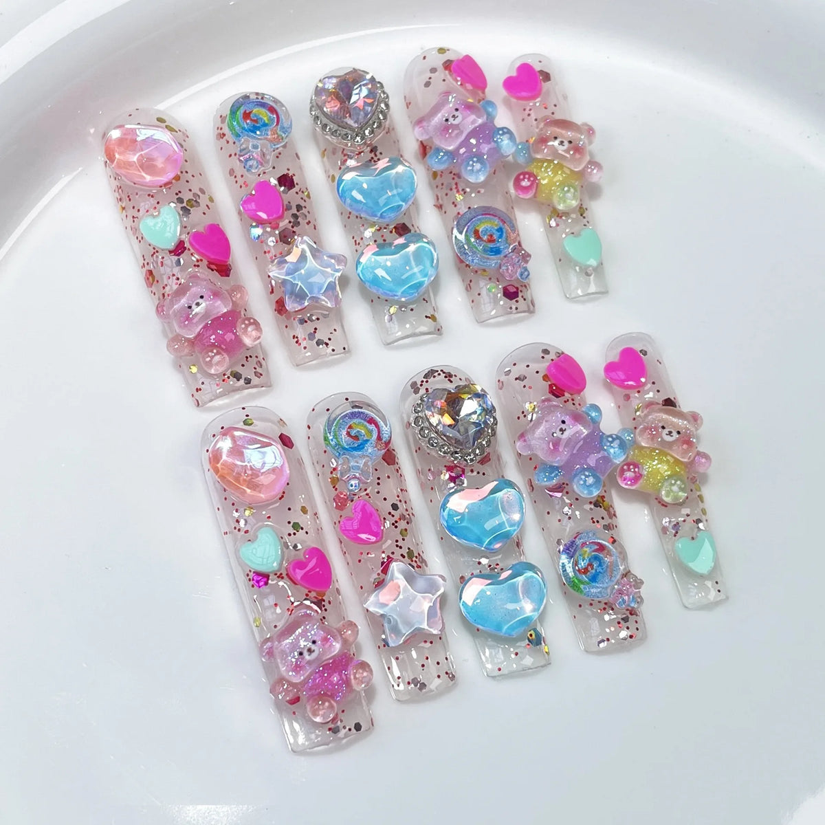 10pcs Long Square Handmade False Nails with Colorful Diamond Design Press on Nails Glitter Full Cover Nail  Finished Fake Nails