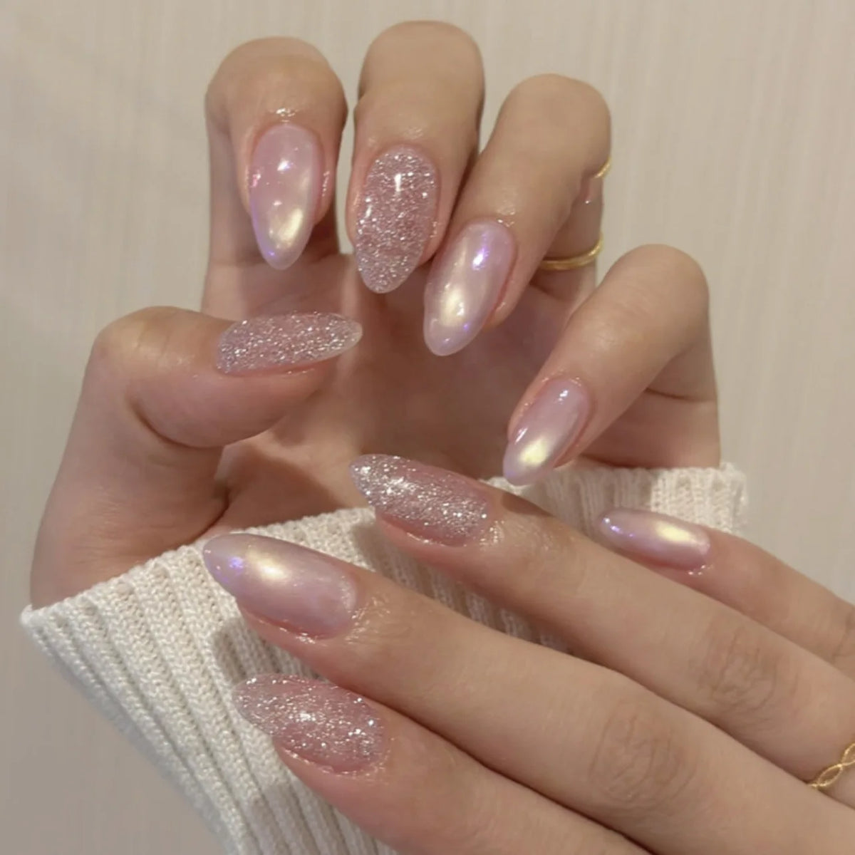 24Pcs Almond Pure Handmade Press On Nails Full Cover Butterfly French Pearl Diamond False Nails Wearable Manicure Nail Tips Art