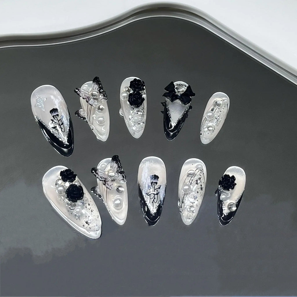 Handmade Press on Nails 3D Black Rose Flower Fake Nails Ins Almond False Nails Patches Ballerina Nail Art Decorations Tips
