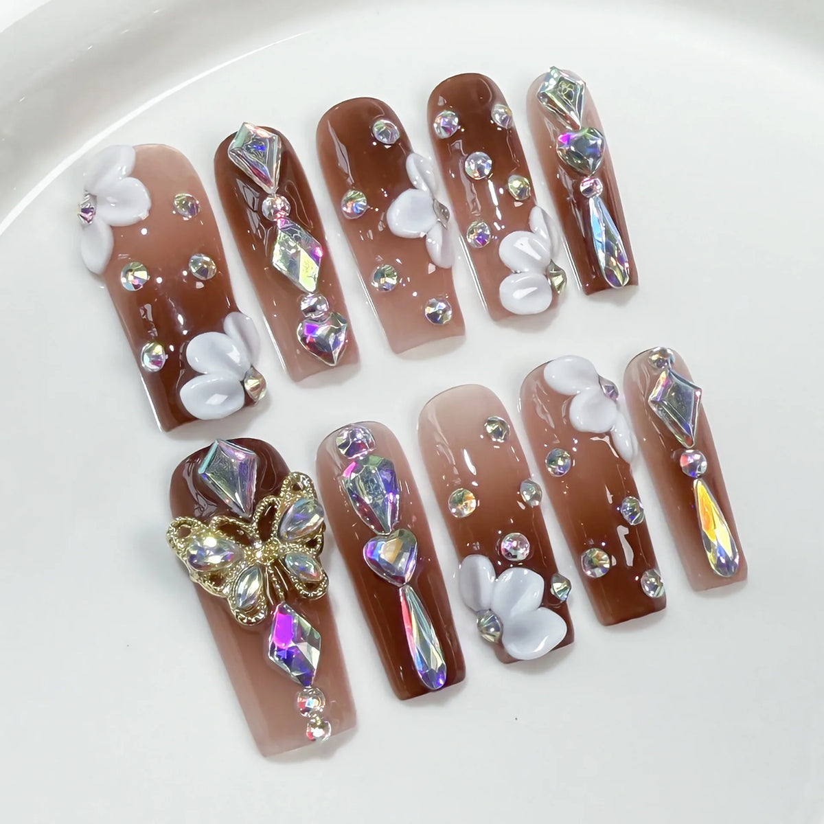 10pcs Long Square Handmade False Nails with Colorful Diamond Design Press on Nails Glitter Full Cover Nail  Finished Fake Nails