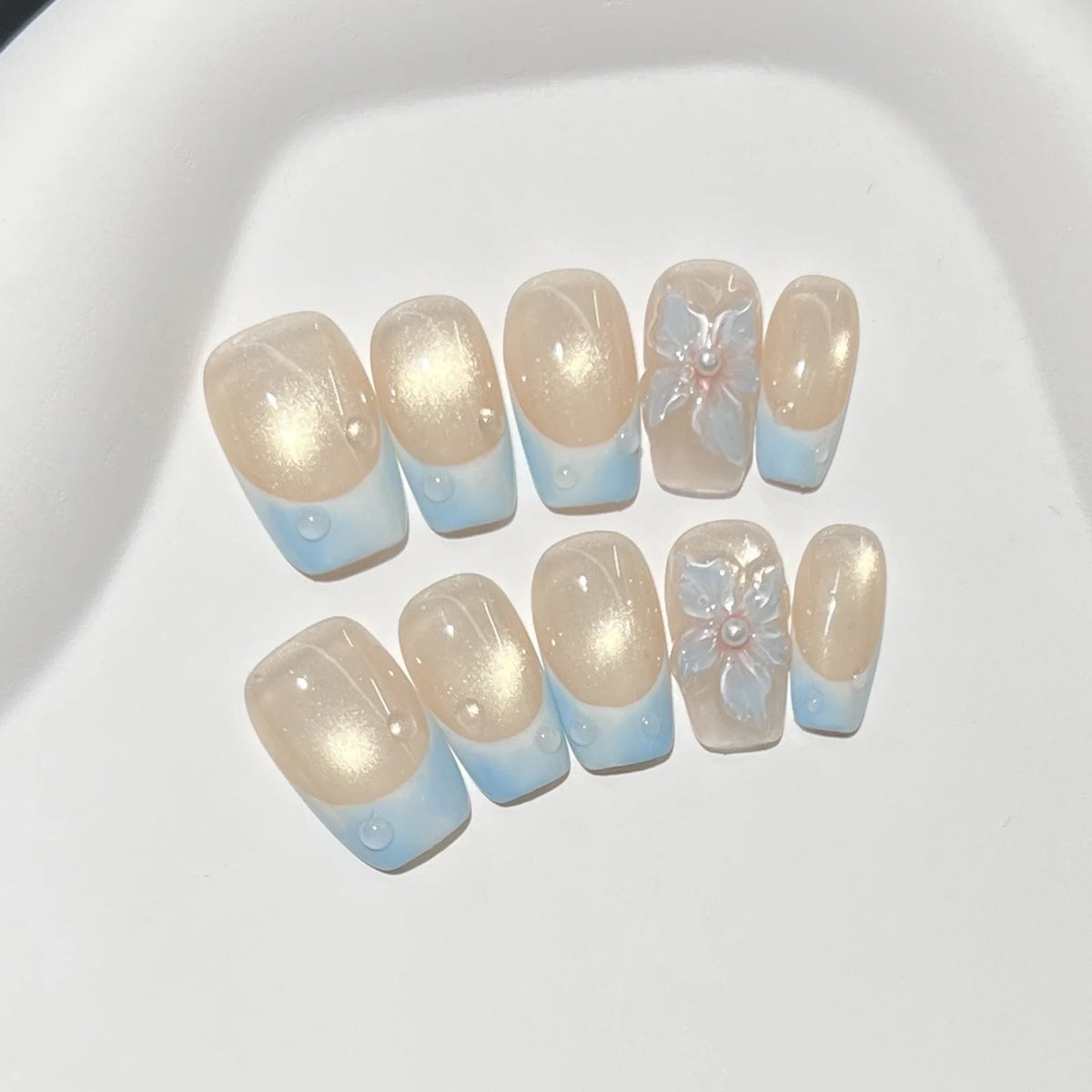 10PCS Handmade French Nude White False Nails with 3D Floral Design Elegant Glossy Matte Press on Nails for Wedding Party