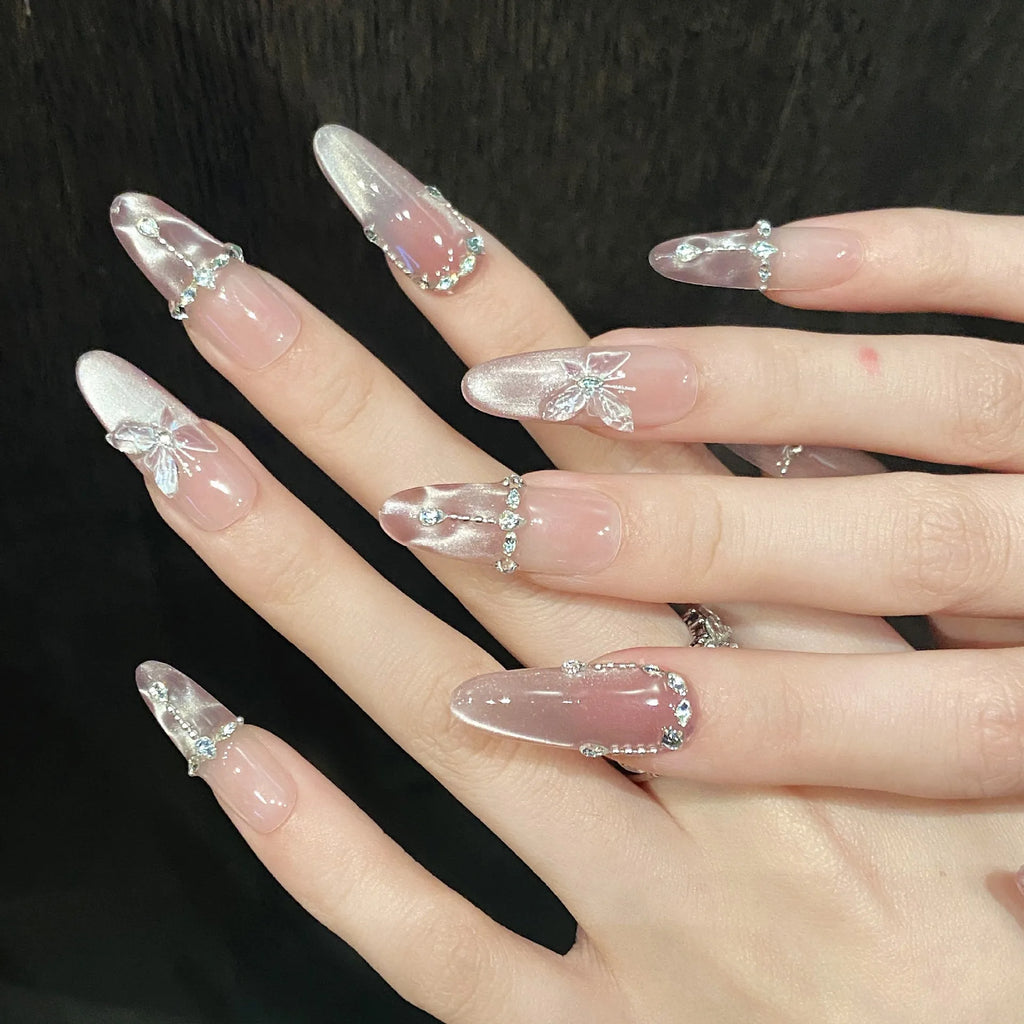10pcs Handmade Fake Nails Tips Light Luxury Blush Long Almond Press on Nails Diamond Bow Design False Nail Shiny Powder Manicure